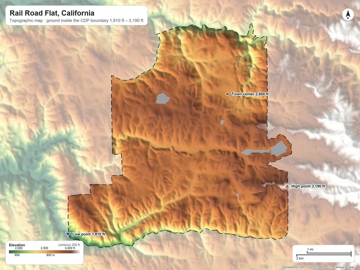 Topographic elevation map of Rail Road Flat, California, shaded from 1,810 ft on the southwest side to 3,190 ft on the southeast edge, below higher ground just outside