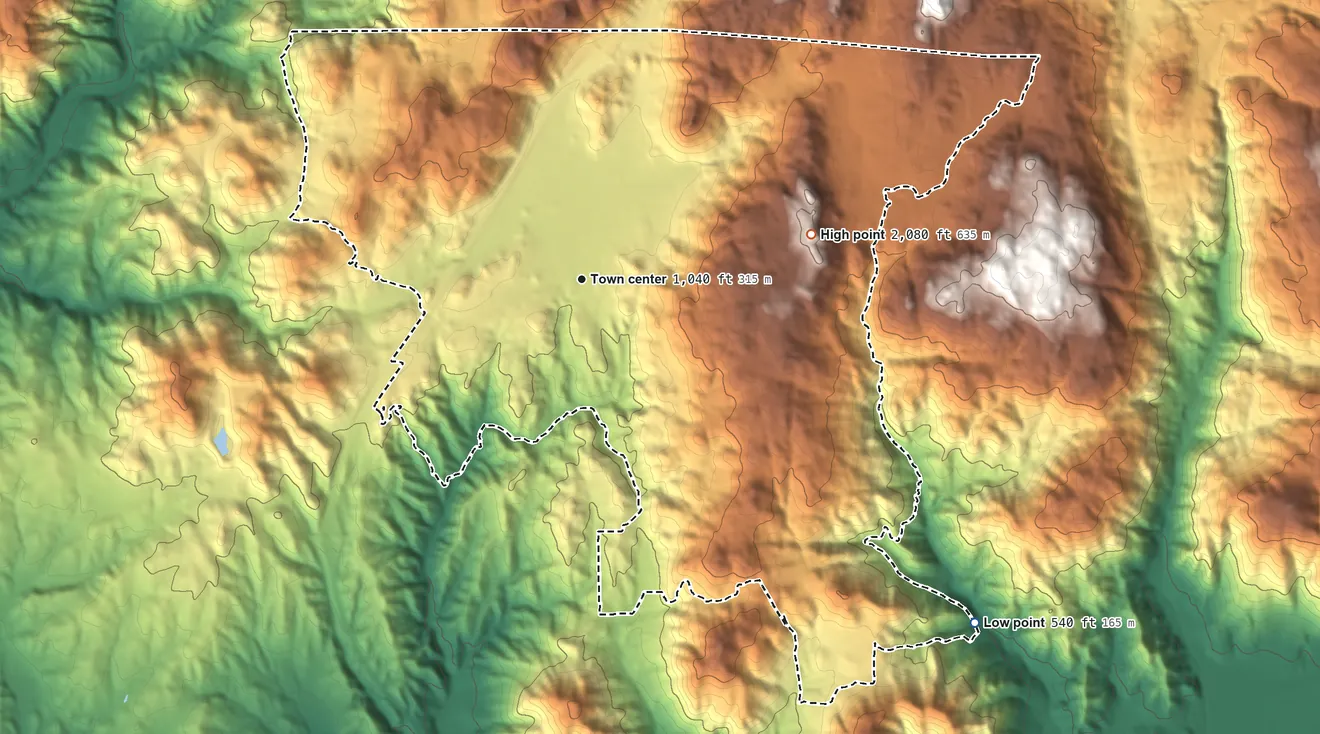 Topographic elevation map of Rainbow, California, shaded from 540 ft on the southeast side to 2,080 ft on the east side