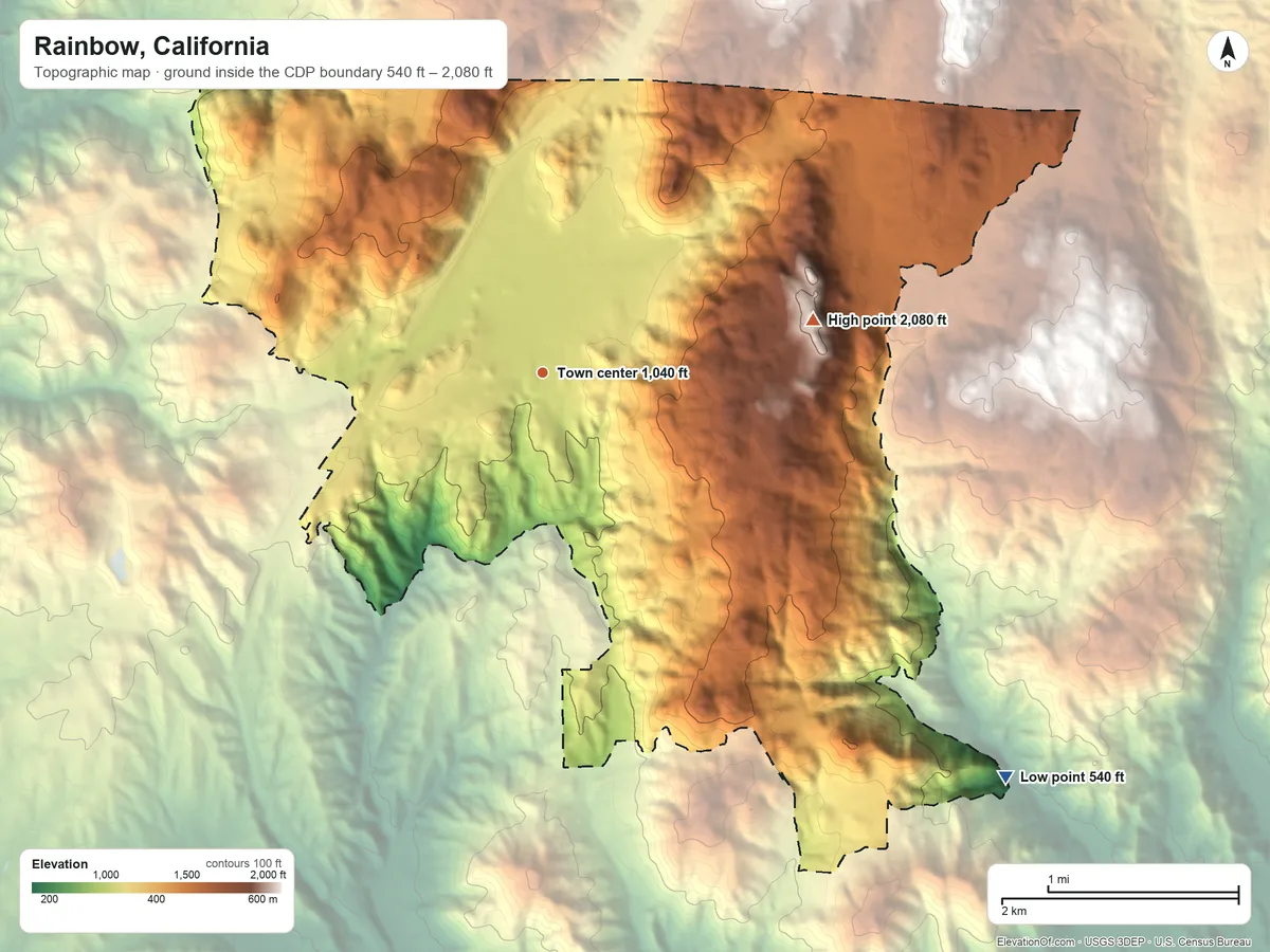 Topographic elevation map of Rainbow, California, shaded from 540 ft on the southeast side to 2,080 ft on the east side