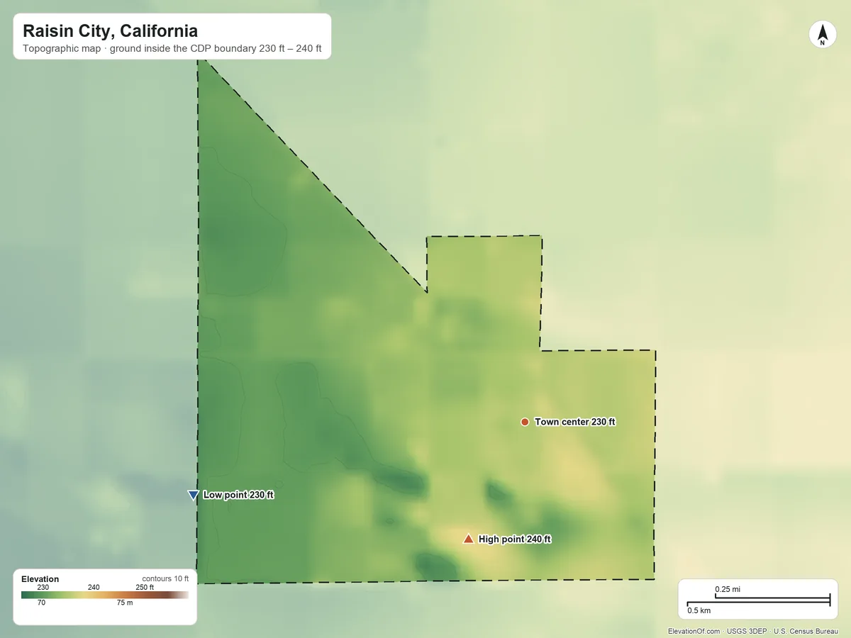 Topographic elevation map of Raisin City, California, shaded from 230 ft on the west side to 240 ft on the southwest side