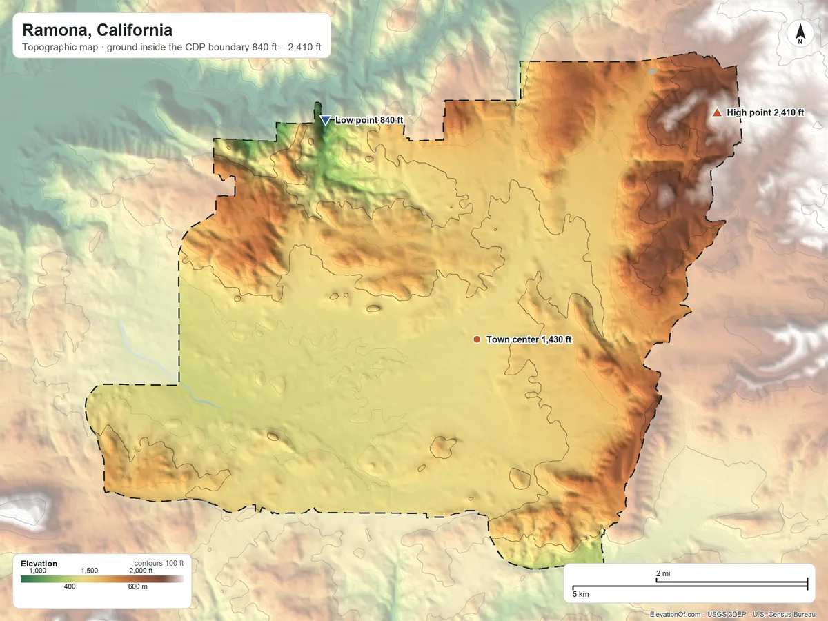 Topographic elevation map of Ramona, California, shaded from 840 ft on the northwest side to 2,410 ft at the foot of the Volcan Mountains