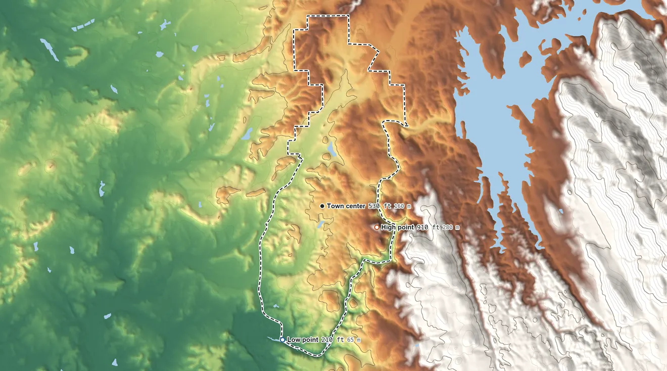 Topographic elevation map of Rancho Calaveras, California, shaded from 210 ft on the south side to 910 ft on the east edge, below higher ground just outside