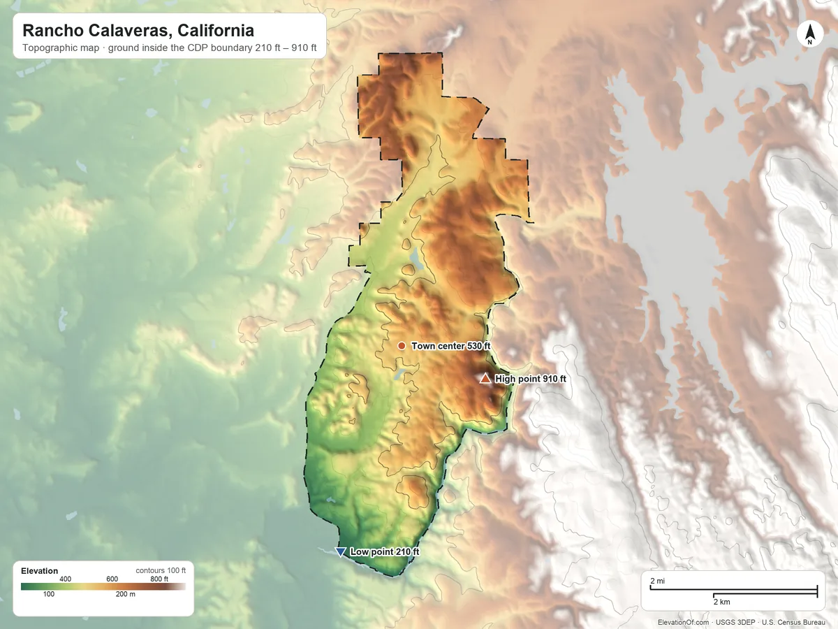 Topographic elevation map of Rancho Calaveras, California, shaded from 210 ft on the south side to 910 ft on the east edge, below higher ground just outside