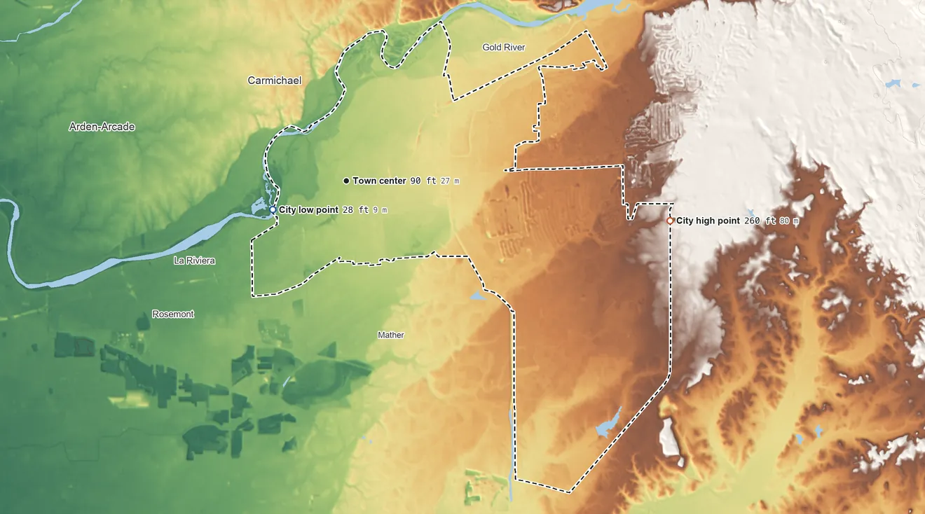 Topographic elevation map of Rancho Cordova, California, shaded from 28 ft on the west side to 260 ft on the east side