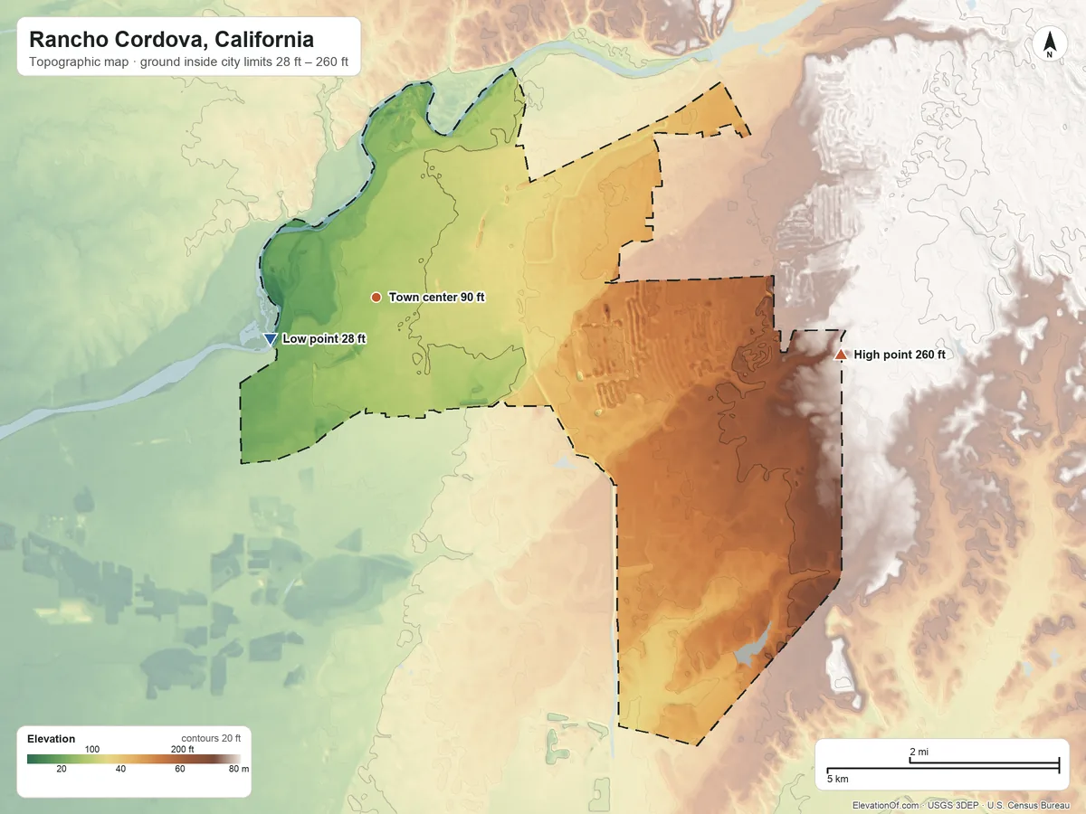 Topographic elevation map of Rancho Cordova, California, shaded from 28 ft on the west side to 260 ft on the east side