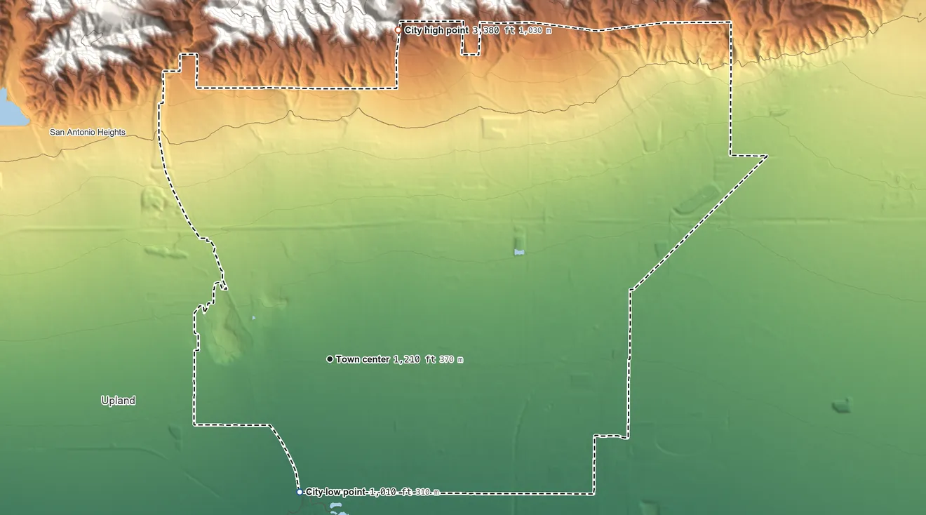 Topographic elevation map of Rancho Cucamonga, California, shaded from 1,010 ft on the south side to 3,380 ft at the foot of the San Gabriel Mountains