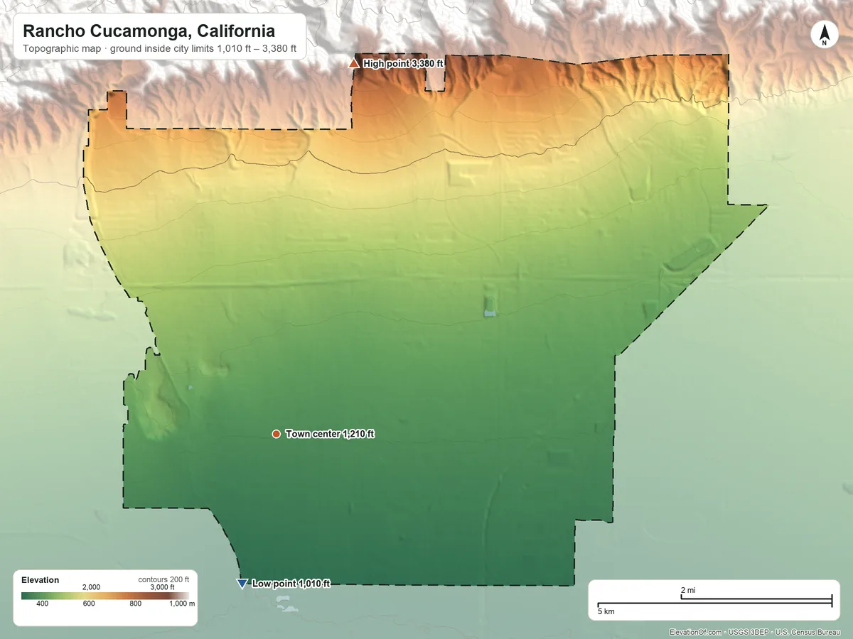 Topographic elevation map of Rancho Cucamonga, California, shaded from 1,010 ft on the south side to 3,380 ft at the foot of the San Gabriel Mountains