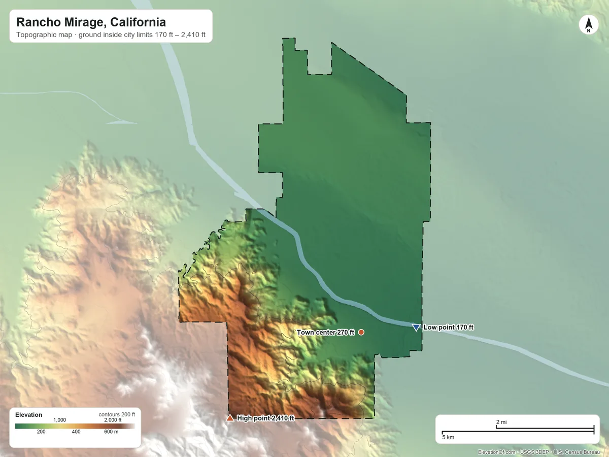 Topographic elevation map of Rancho Mirage, California, shaded from 170 ft on the east side to 2,410 ft at the foot of the Santa Rosa Mountains