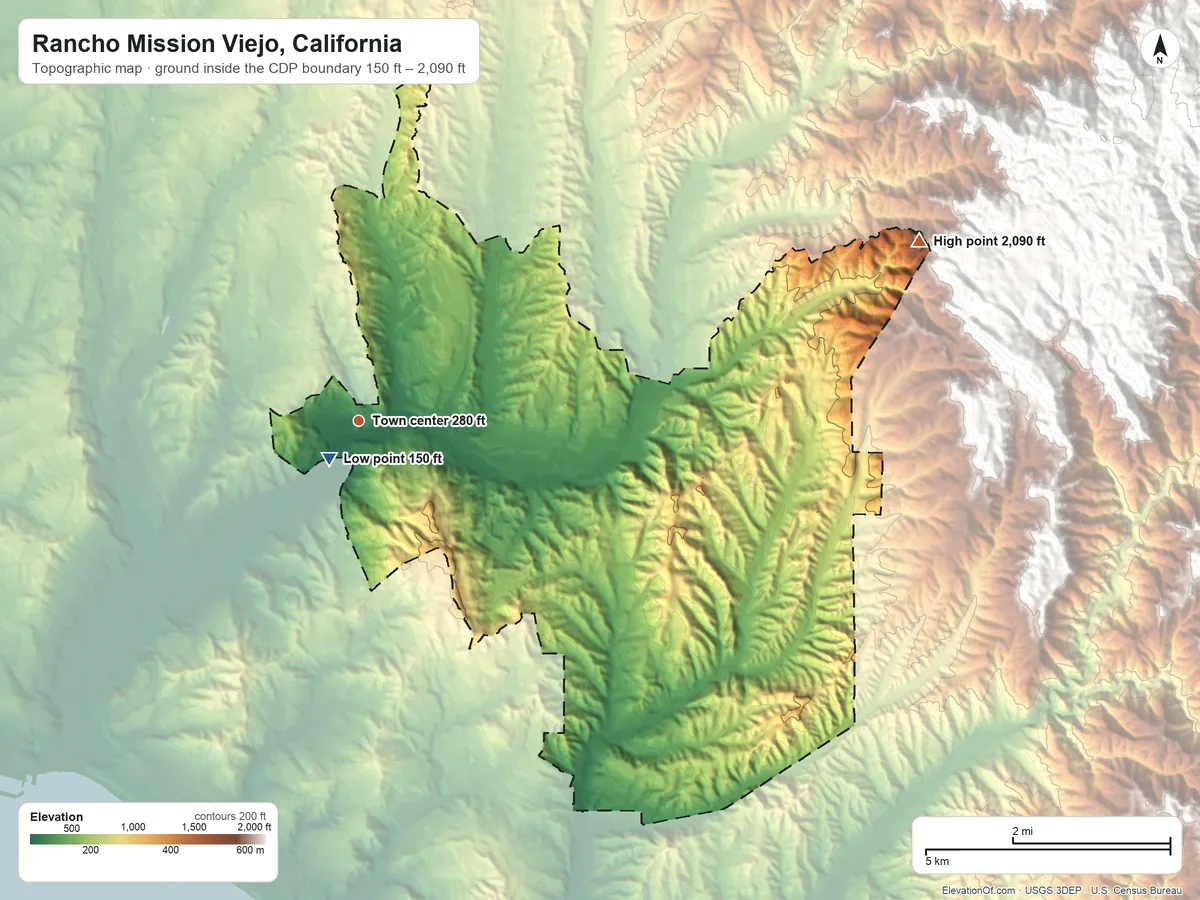 Topographic elevation map of Rancho Mission Viejo, California, shaded from 150 ft near the middle to 2,090 ft at the foot of the Santa Margarita Mountains