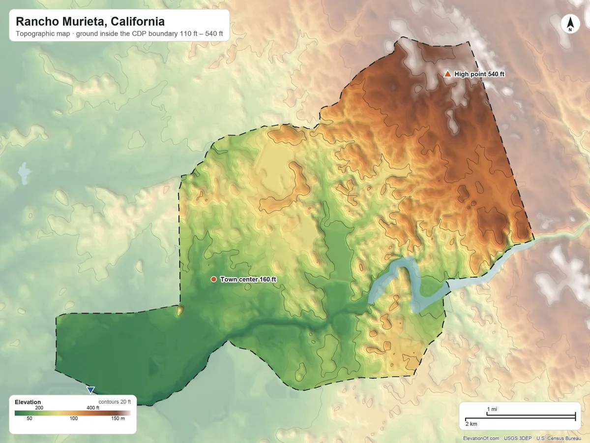 Topographic elevation map of Rancho Murieta, California, shaded from 110 ft on the southwest side to 540 ft on the northeast side