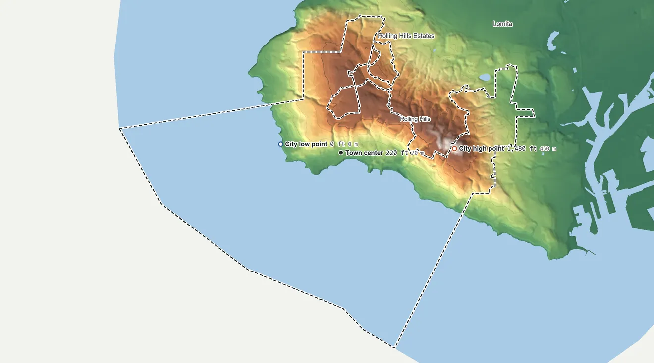 Topographic elevation map of Rancho Palos Verdes, California, shaded from sea level level on the Pacific Ocean to 1,480 ft on San Pedro Hill