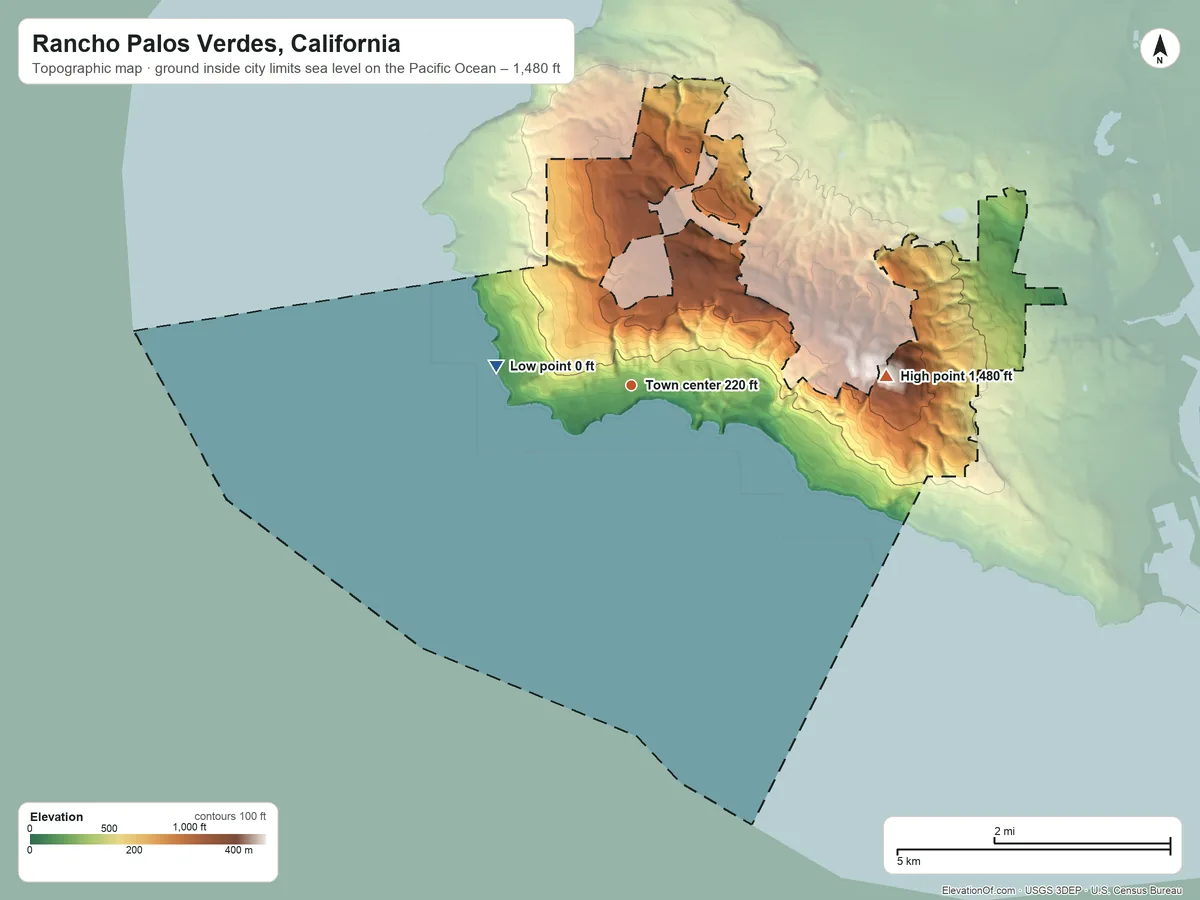 Topographic elevation map of Rancho Palos Verdes, California, shaded from sea level level on the Pacific Ocean to 1,480 ft on San Pedro Hill