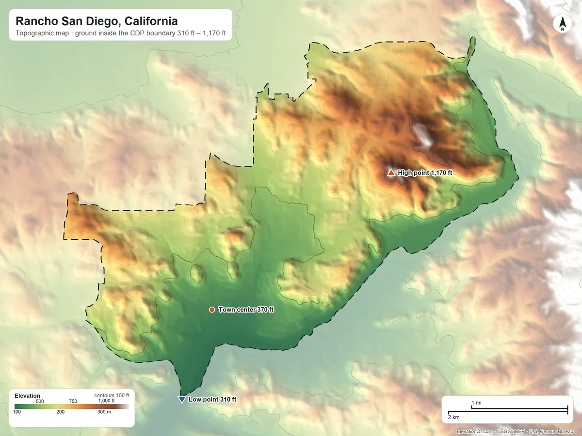 Topographic elevation map of Rancho San Diego, California, shaded from 310 ft on the south side to 1,170 ft on the northeast side