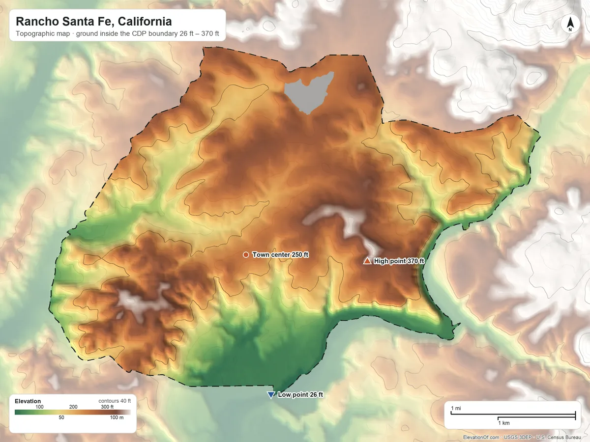 Topographic elevation map of Rancho Santa Fe, California, shaded from 26 ft on the south side to 370 ft on the east side