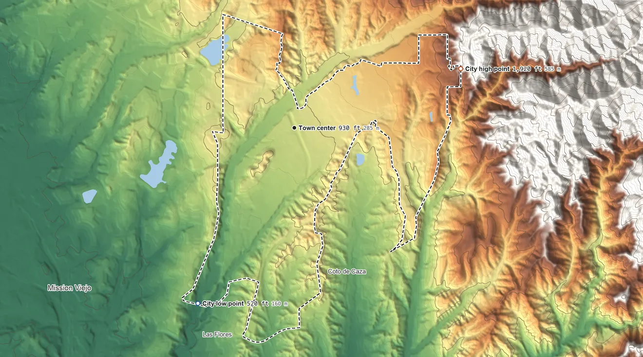 Topographic elevation map of Rancho Santa Margarita, California, shaded from 520 ft on the southwest side to 1,920 ft at the foot of the Santa Ana Mountains