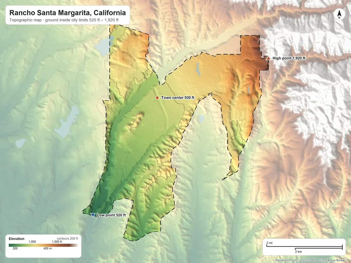 Topographic elevation map of Rancho Santa Margarita, California, shaded from 520 ft on the southwest side to 1,920 ft at the foot of the Santa Ana Mountains