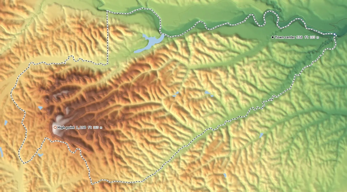 Topographic elevation map of Rancho Tehama Reserve, California, shaded from 440 ft on the east side to 1,193 ft on Table Mountain