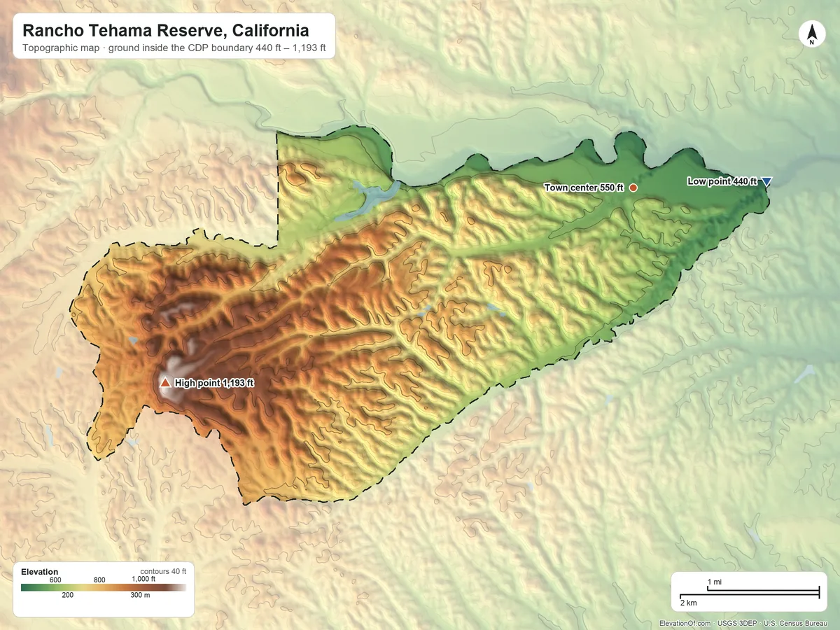 Topographic elevation map of Rancho Tehama Reserve, California, shaded from 440 ft on the east side to 1,193 ft on Table Mountain