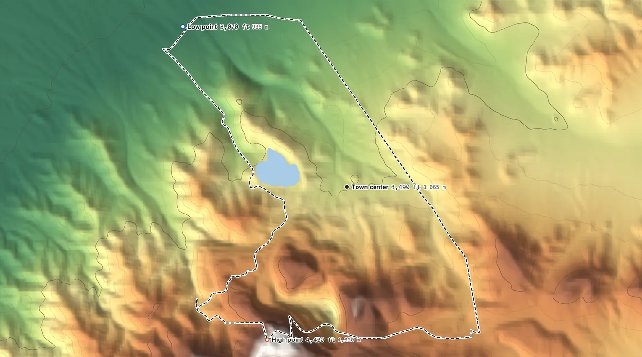 Topographic elevation map of Randsburg, California, shaded from 3,070 ft on the northwest side to 4,430 ft on the southwest side