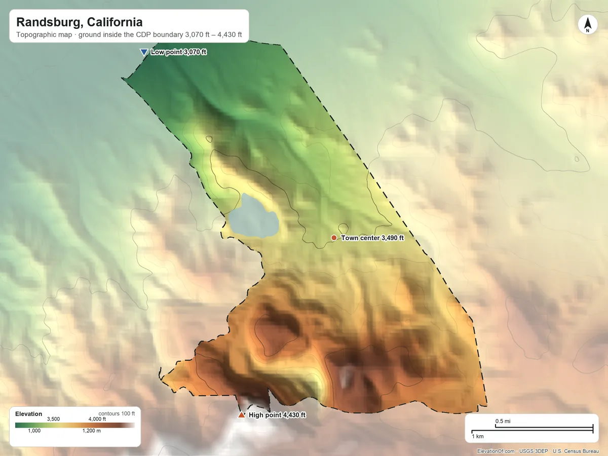 Topographic elevation map of Randsburg, California, shaded from 3,070 ft on the northwest side to 4,430 ft on the southwest side