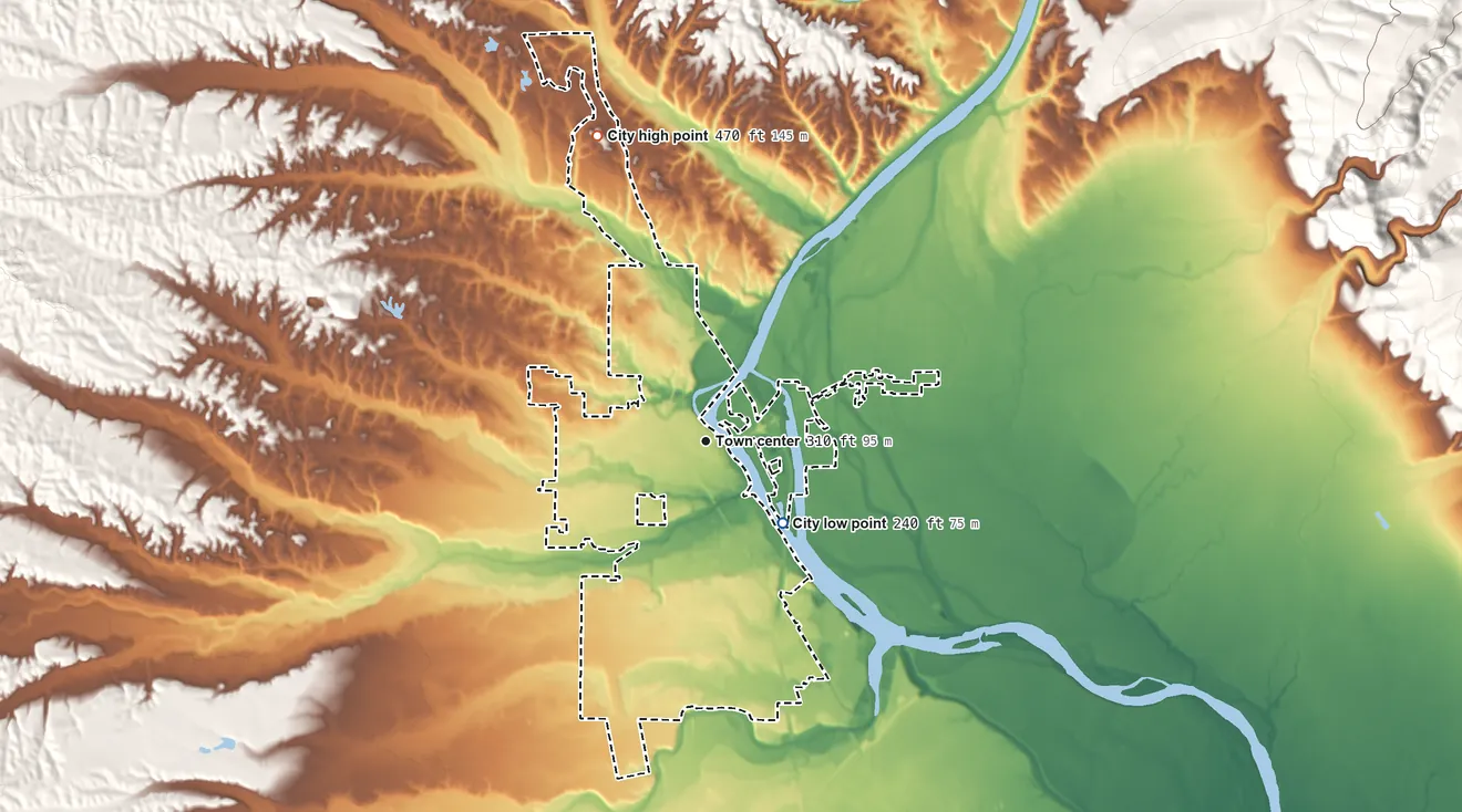 Topographic elevation map of Red Bluff, California, shaded from 240 ft on the southeast side to 470 ft on the north side