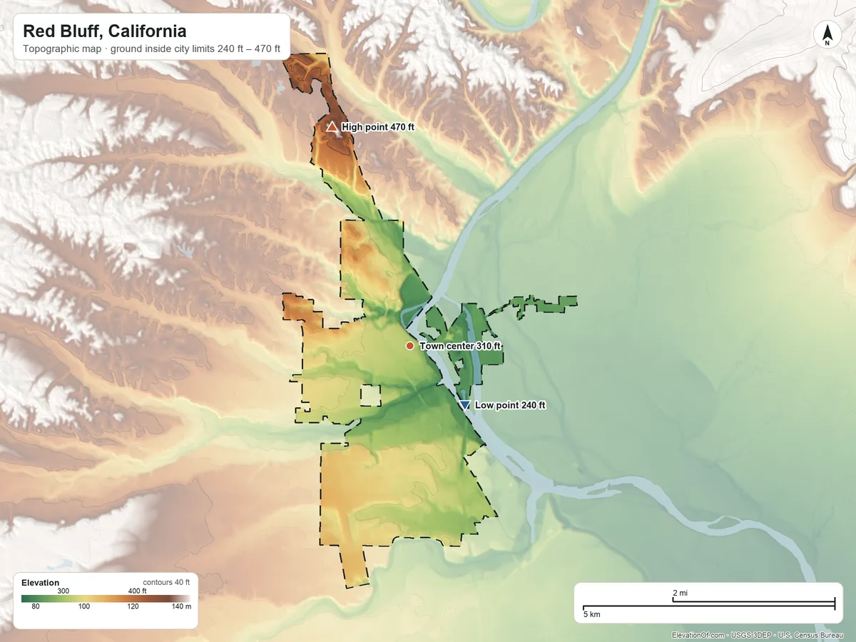Topographic elevation map of Red Bluff, California, shaded from 240 ft on the southeast side to 470 ft on the north side