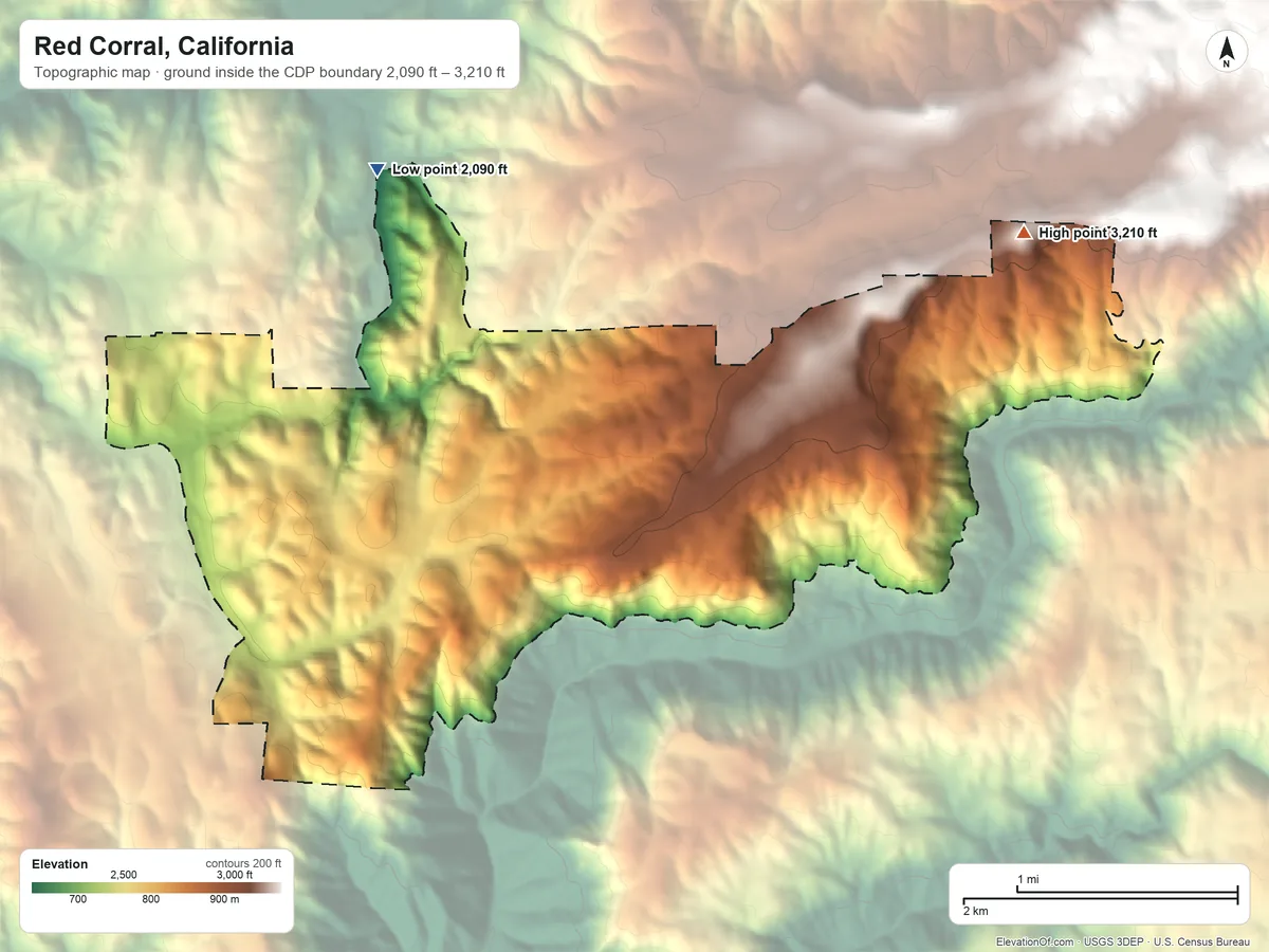 Topographic elevation map of Red Corral, California, shaded from 2,090 ft on the northwest side to 3,210 ft on the northeast edge, below higher ground just outside