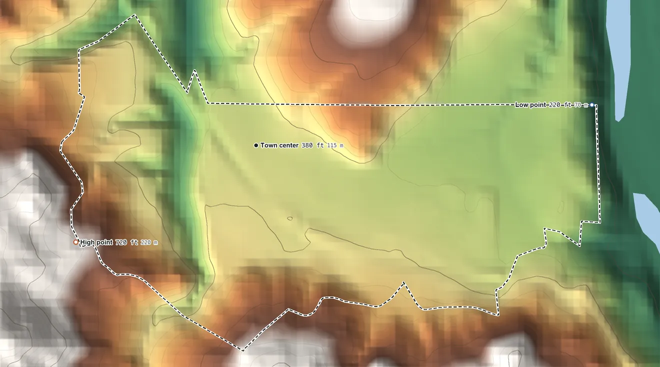 Topographic elevation map of Redcrest, California, shaded from 220 ft on the east side to 720 ft at the foot of the Chalk Mountains