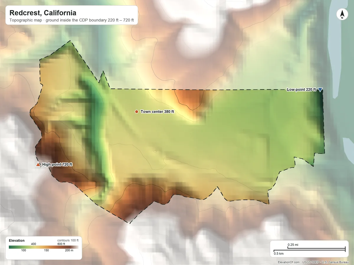 Topographic elevation map of Redcrest, California, shaded from 220 ft on the east side to 720 ft at the foot of the Chalk Mountains