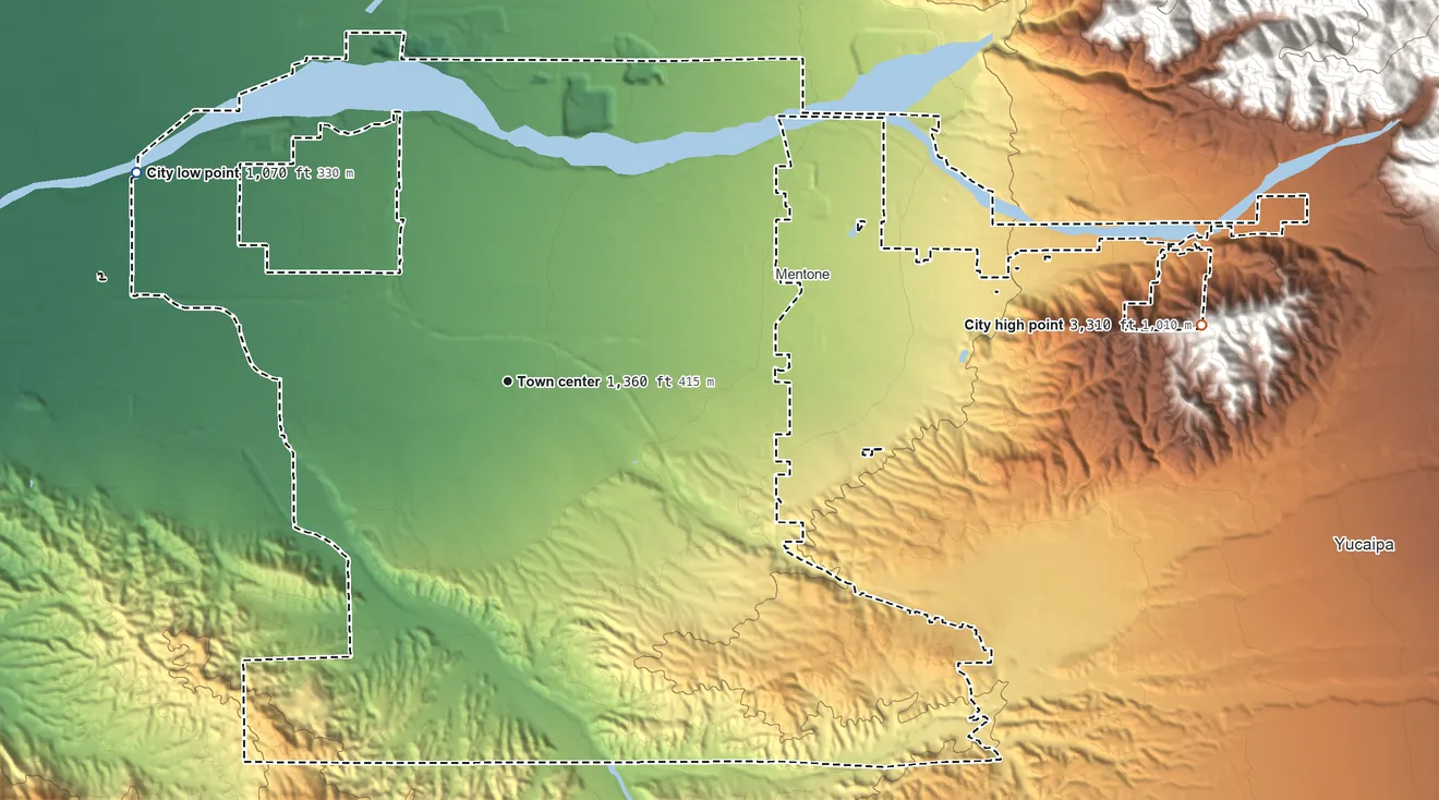 Topographic elevation map of Redlands, California, shaded from 1,070 ft on the northwest side to 3,310 ft on the east edge, below higher ground just outside