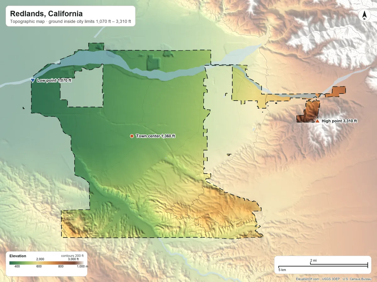 Topographic elevation map of Redlands, California, shaded from 1,070 ft on the northwest side to 3,310 ft on the east edge, below higher ground just outside