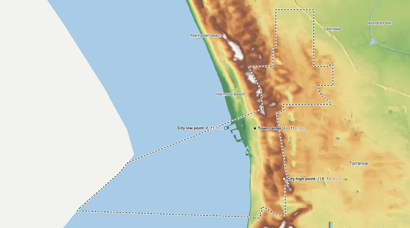 Topographic elevation map of Redondo Beach, California, shaded from sea level level on the Pacific Ocean to 210 ft on the southeast side
