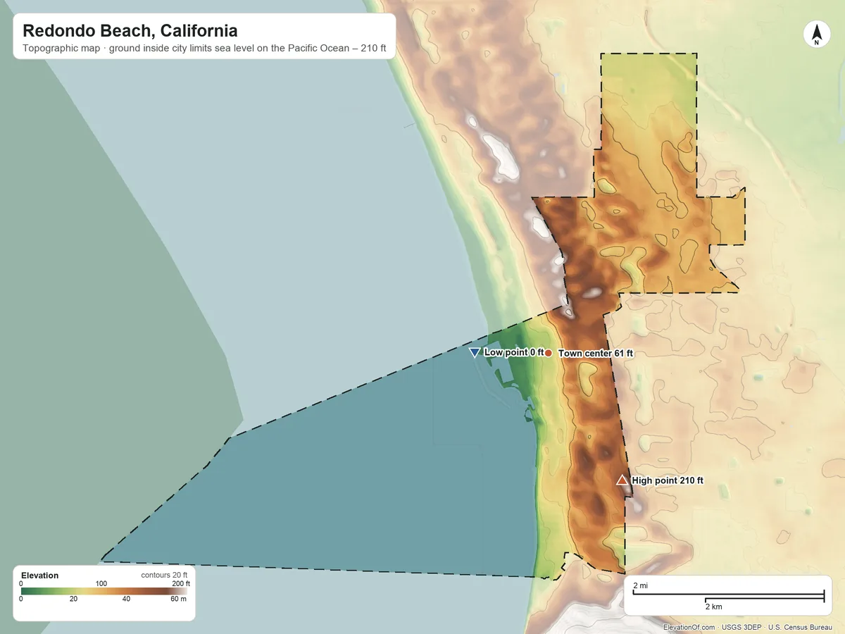 Topographic elevation map of Redondo Beach, California, shaded from sea level level on the Pacific Ocean to 210 ft on the southeast side