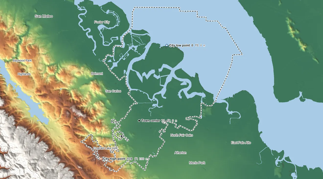 Topographic elevation map of Redwood City, California, shaded from sea level level on San Francisco Bay to 910 ft on the southwest side