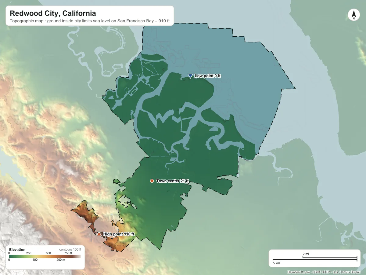 Topographic elevation map of Redwood City, California, shaded from sea level level on San Francisco Bay to 910 ft on the southwest side