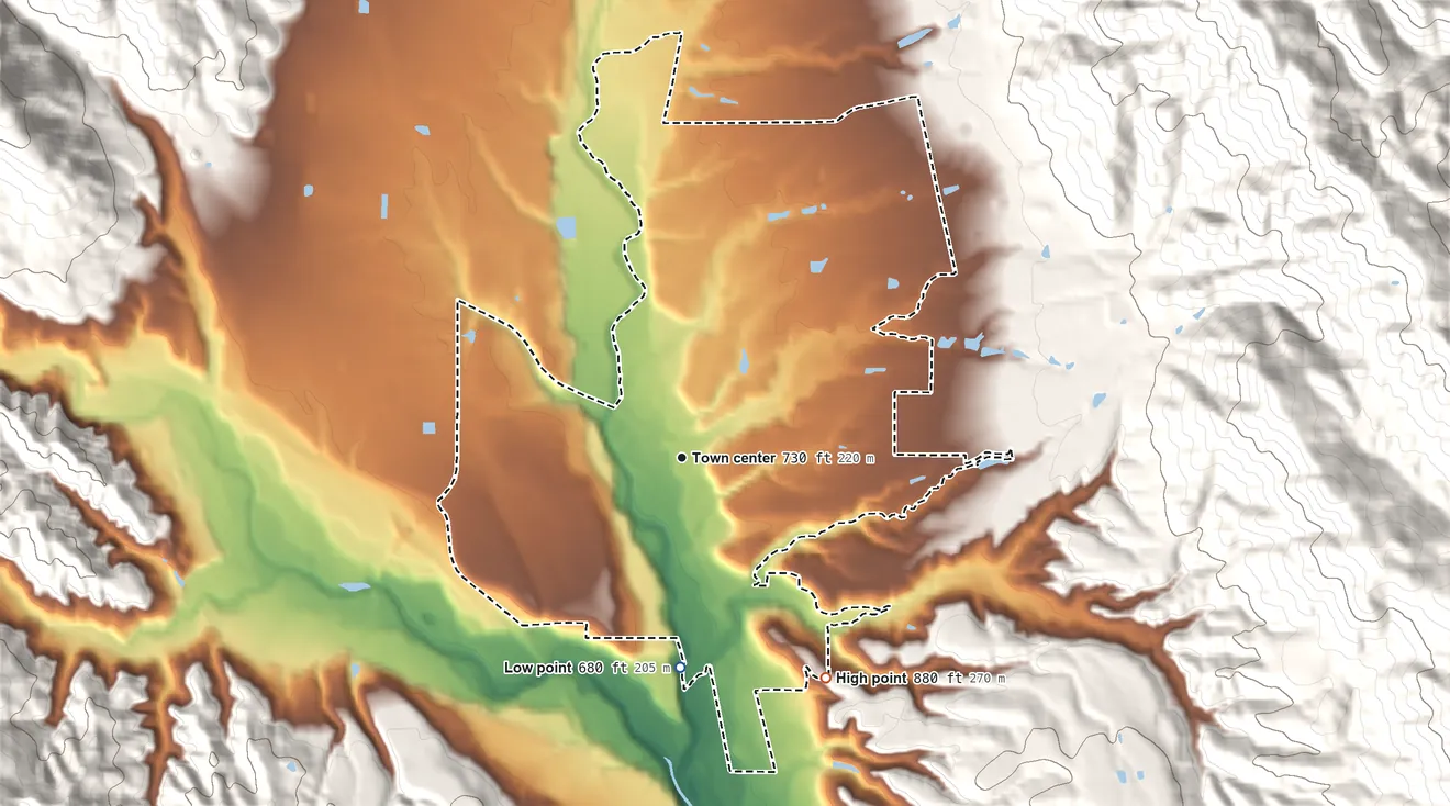 Topographic elevation map of Redwood Valley, California, shaded from 680 ft on the south side to 880 ft on the southeast edge, below higher ground just outside
