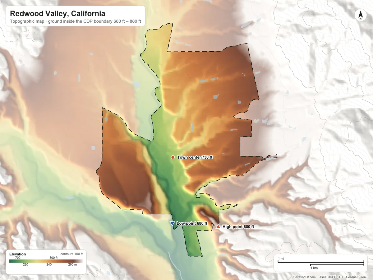 Topographic elevation map of Redwood Valley, California, shaded from 680 ft on the south side to 880 ft on the southeast edge, below higher ground just outside