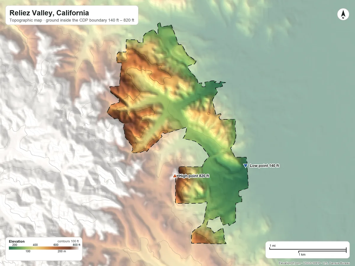 Topographic elevation map of Reliez Valley, California, shaded from 140 ft on the southeast side to 820 ft at the foot of the Briones Hills