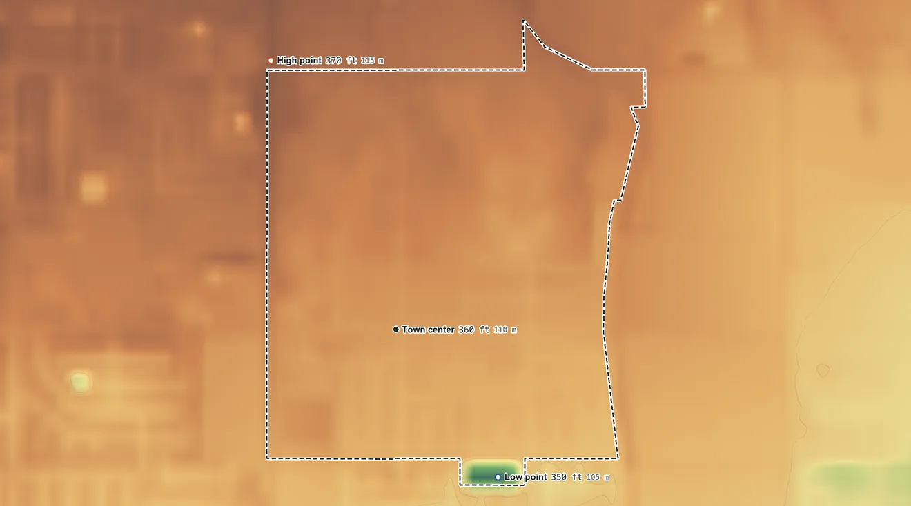 Topographic elevation map of Rexland Acres, California, shaded from 350 ft on the southeast side to 370 ft on the northwest side