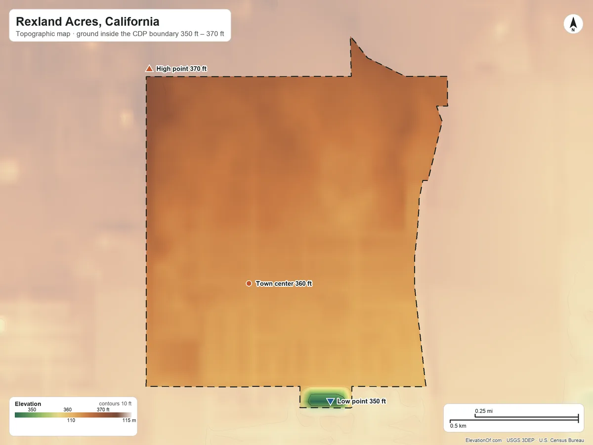 Topographic elevation map of Rexland Acres, California, shaded from 350 ft on the southeast side to 370 ft on the northwest side