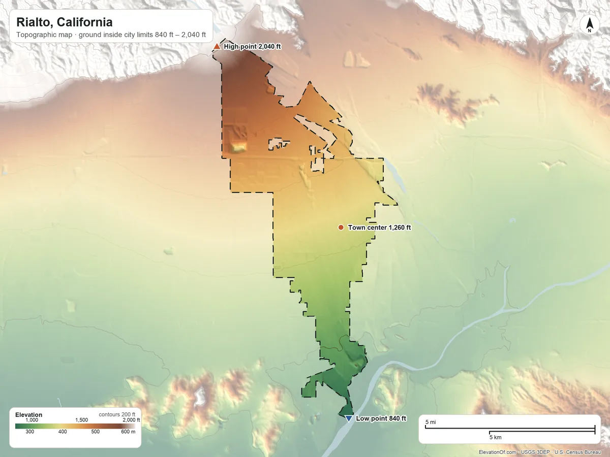 Topographic elevation map of Rialto, California, shaded from 840 ft on the south side to 2,040 ft at the foot of the Shandin Hills