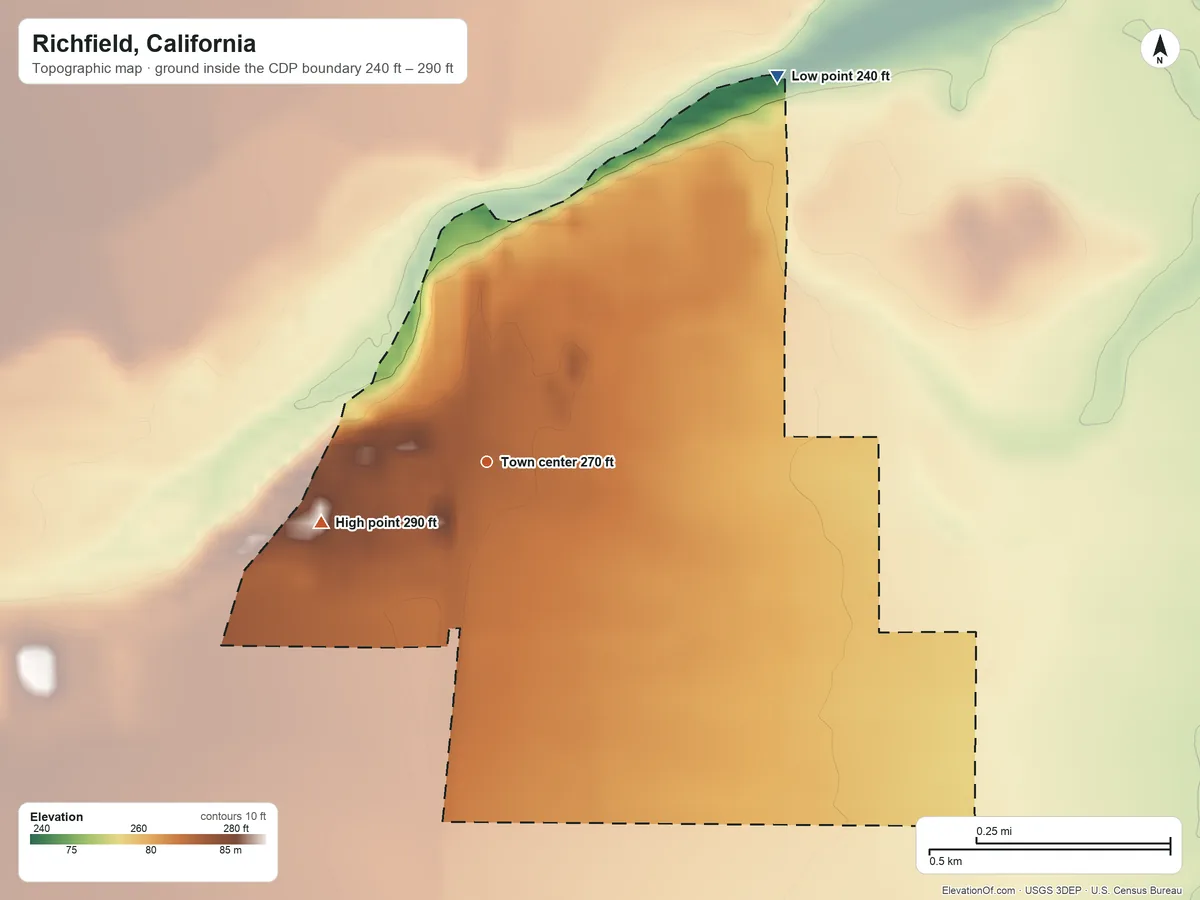Topographic elevation map of Richfield, California, shaded from 240 ft on the northeast side to 290 ft on the west side