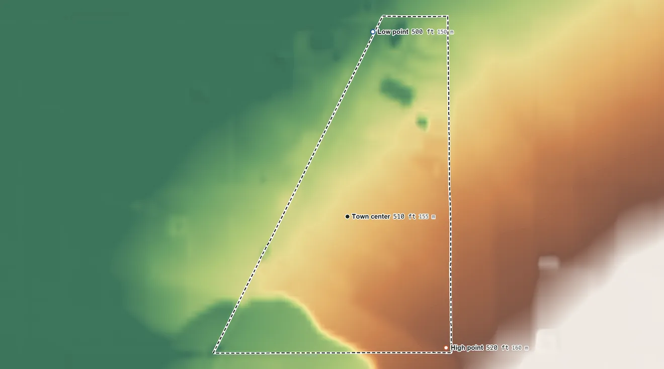 Topographic elevation map of Richgrove, California, shaded from 500 ft on the north side to 520 ft on the southeast side