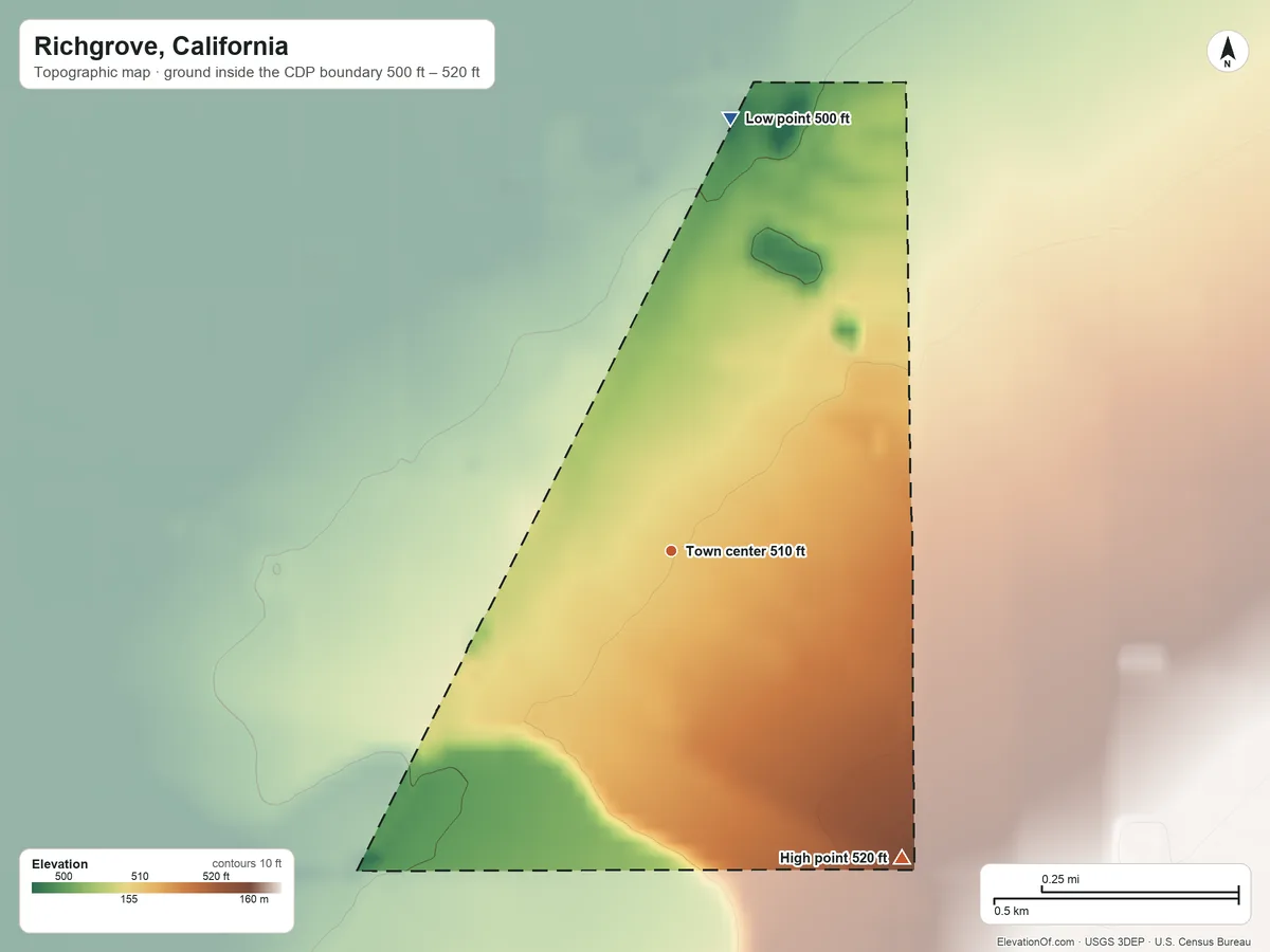 Topographic elevation map of Richgrove, California, shaded from 500 ft on the north side to 520 ft on the southeast side