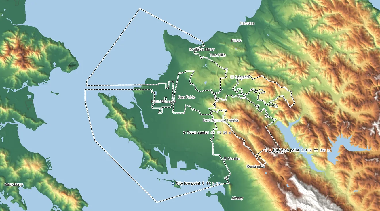 Topographic elevation map of Richmond, California, shaded from sea level level on San Francisco Bay to 1,160 ft on the east side
