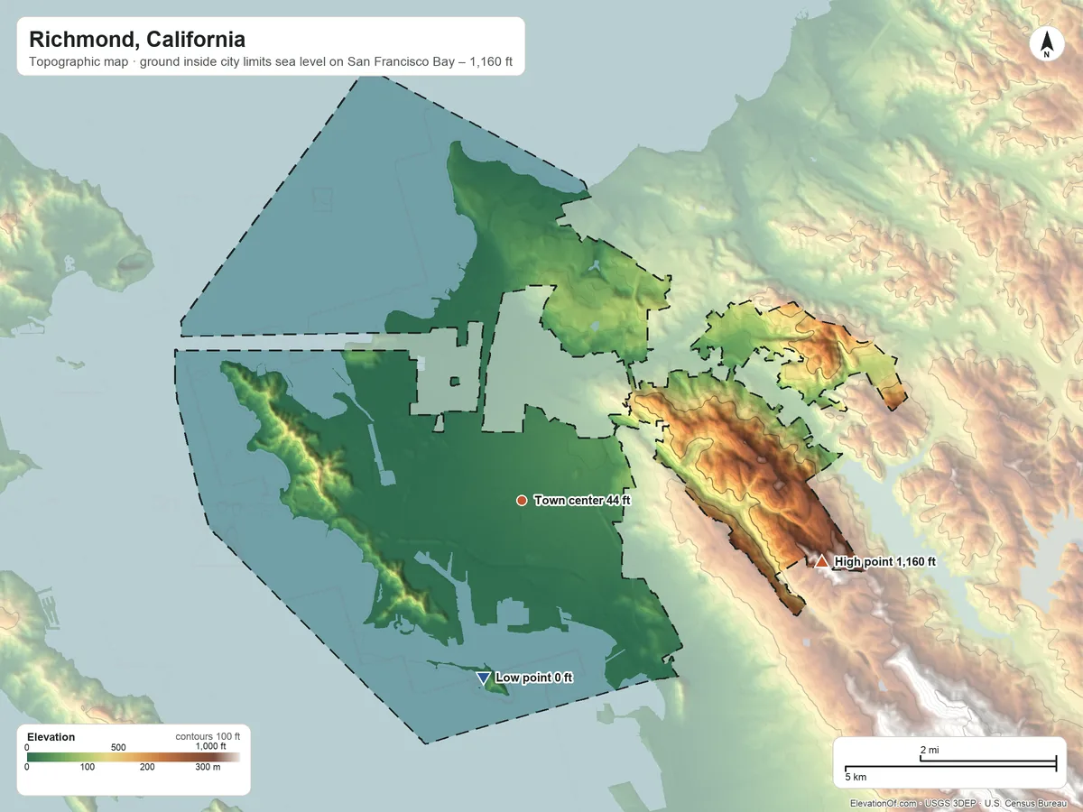 Topographic elevation map of Richmond, California, shaded from sea level level on San Francisco Bay to 1,160 ft on the east side