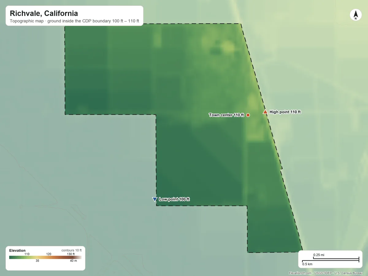 Topographic elevation map of Richvale, California, shaded from 100 ft on the southwest side to 110 ft near the middle