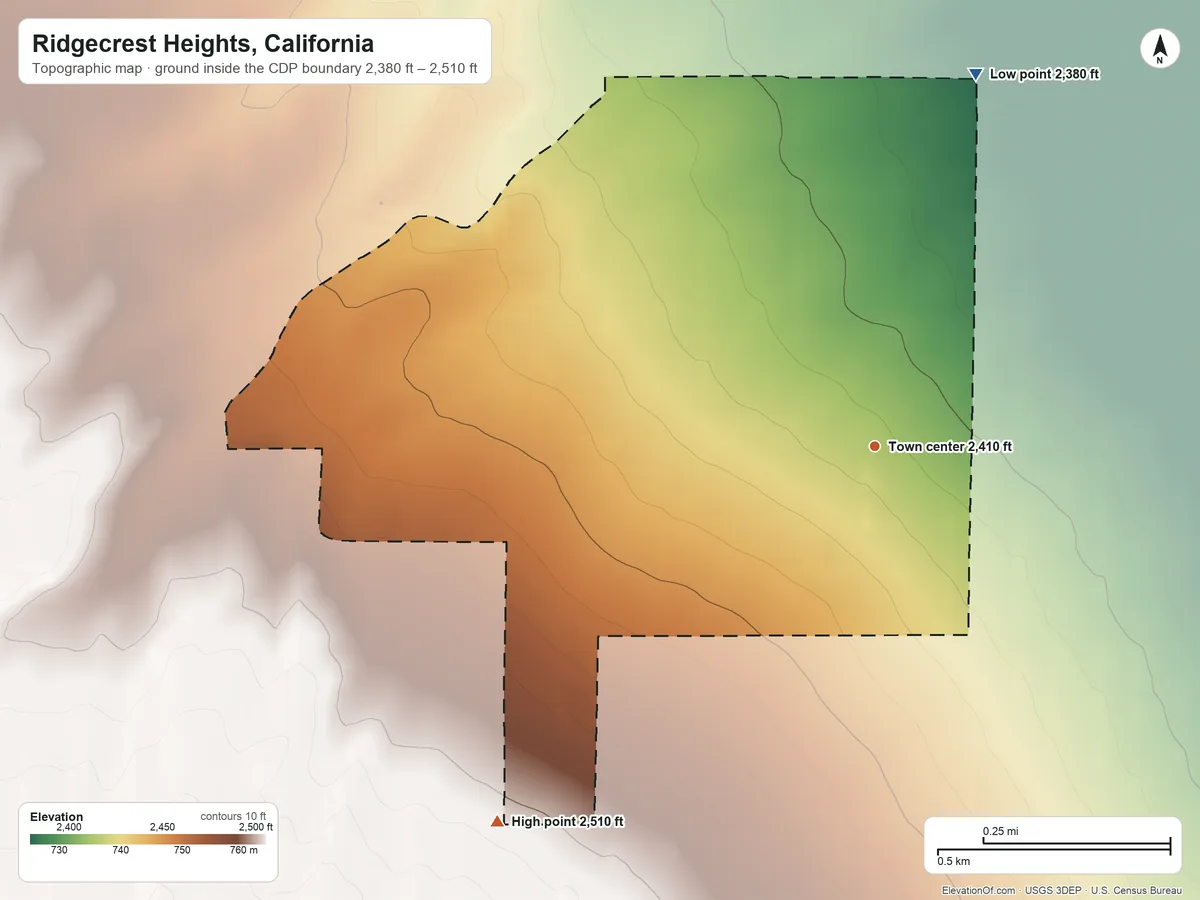 Topographic elevation map of Ridgecrest Heights, California, shaded from 2,380 ft on the north side to 2,510 ft at the foot of the Black Hills