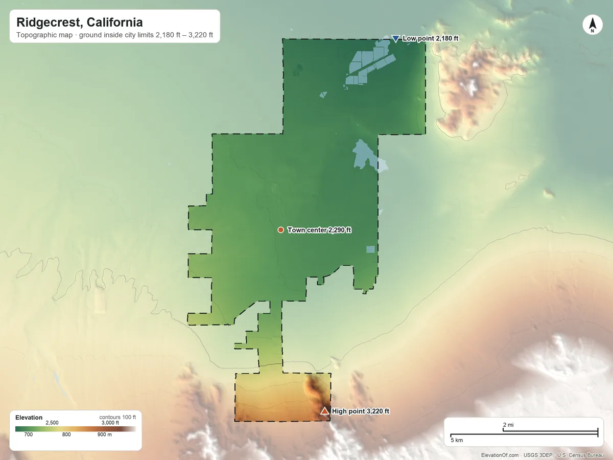 Topographic elevation map of Ridgecrest, California, shaded from 2,180 ft on the northeast side to 3,220 ft at the foot of the Summit Range