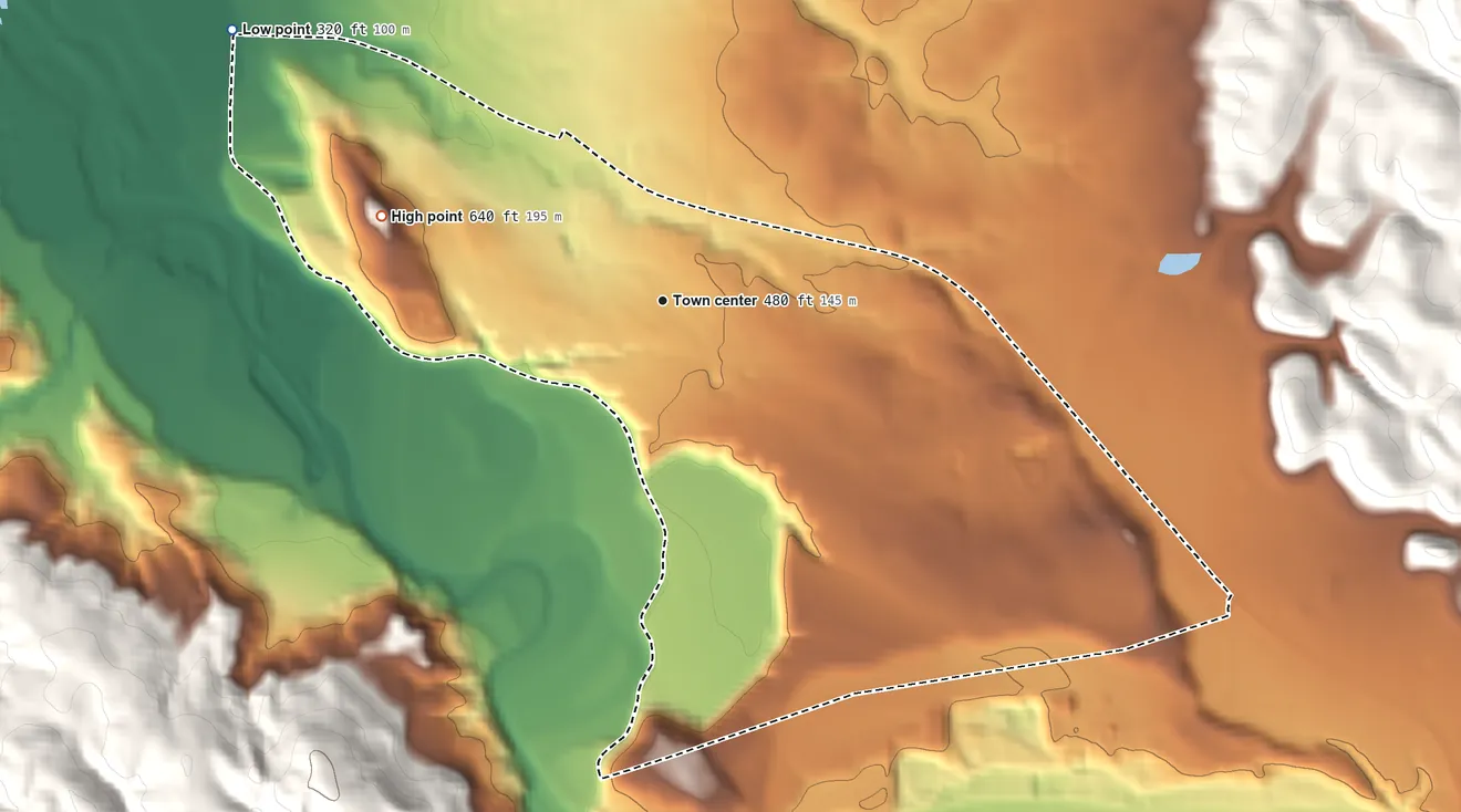 Topographic elevation map of Ridgemark, California, shaded from 320 ft on the northwest side to 640 ft at the foot of the Gabilan Range